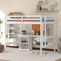 White Full Size Wood Loft Bed Frame with Desk and Storage Shelves X11184
