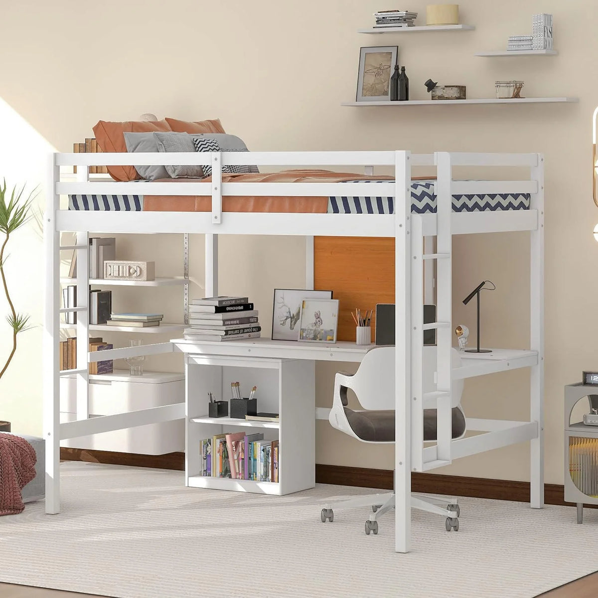White Full Size Wood Loft Bed Frame with Desk and Storage Shelves X11184