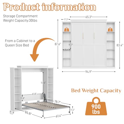 Queen Murphy Bed with Storage Bookcase & 4 Adjustable Shelves, White Wood Wall Bedframe with Metal Legs F871699