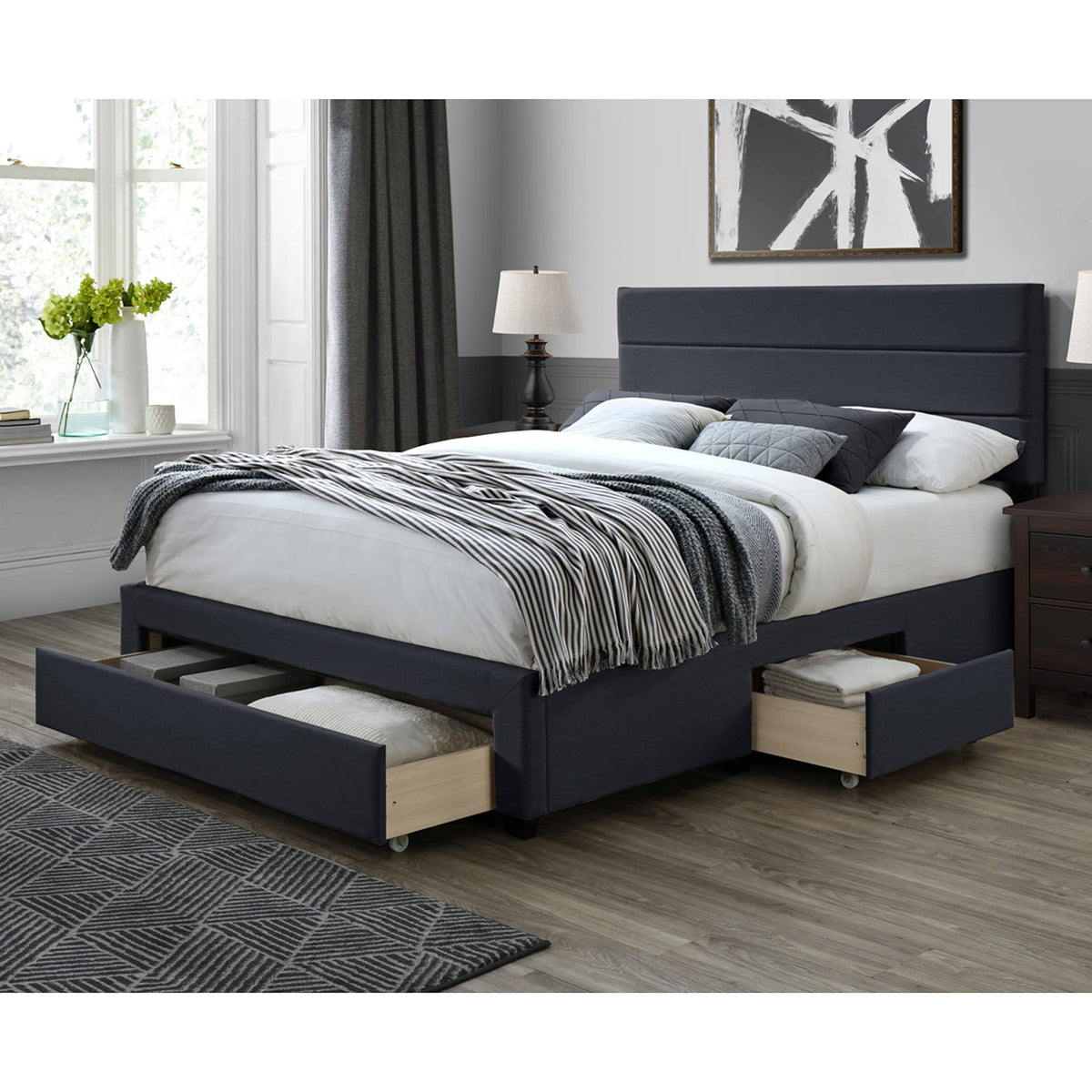 Queen Size Charcoal Fabric Upholstered Bed Frame with Storage Drawers T41314