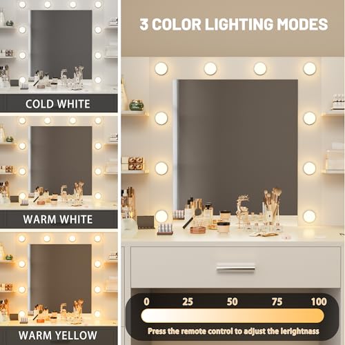 White Vanity Desk with Mirror, LED Lights, 7 Drawers and 6 Storage Shelves Z667453