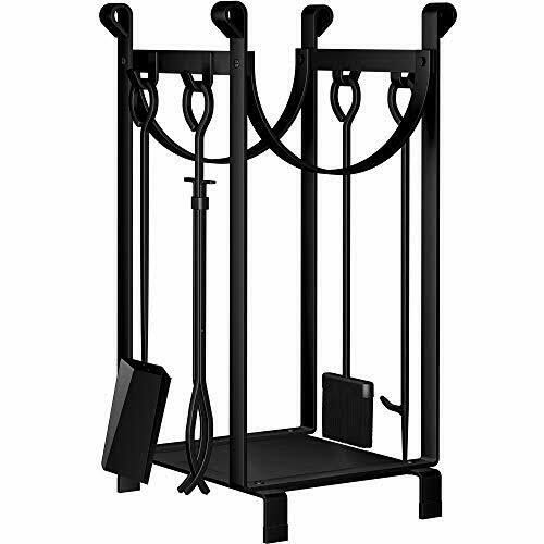 30.7in Tall Black Wrought Iron Fireplace Log Rack with 4 Tools F8933