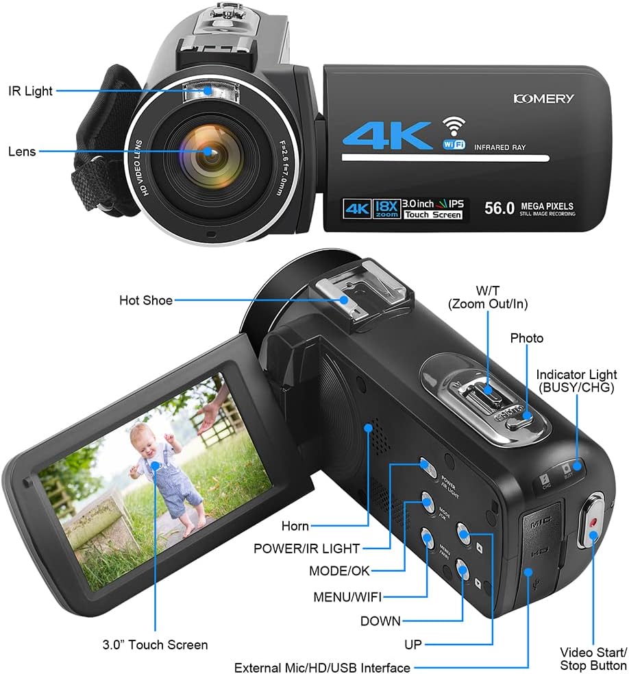 4K 56MP UHD Camcorder with IR Night Vision 18X Digital Zoom Z3027