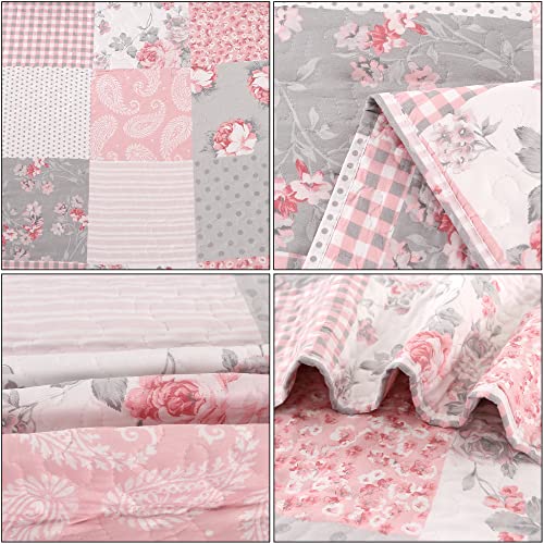 3-Piece King Size Pink Plaid Patchwork Quilt Set E485510