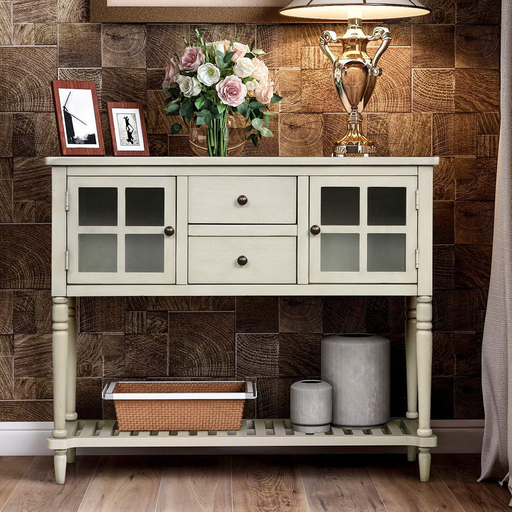 White and Brown 4 Drawers Storage Console Table with Cabinet and Shelf R9413