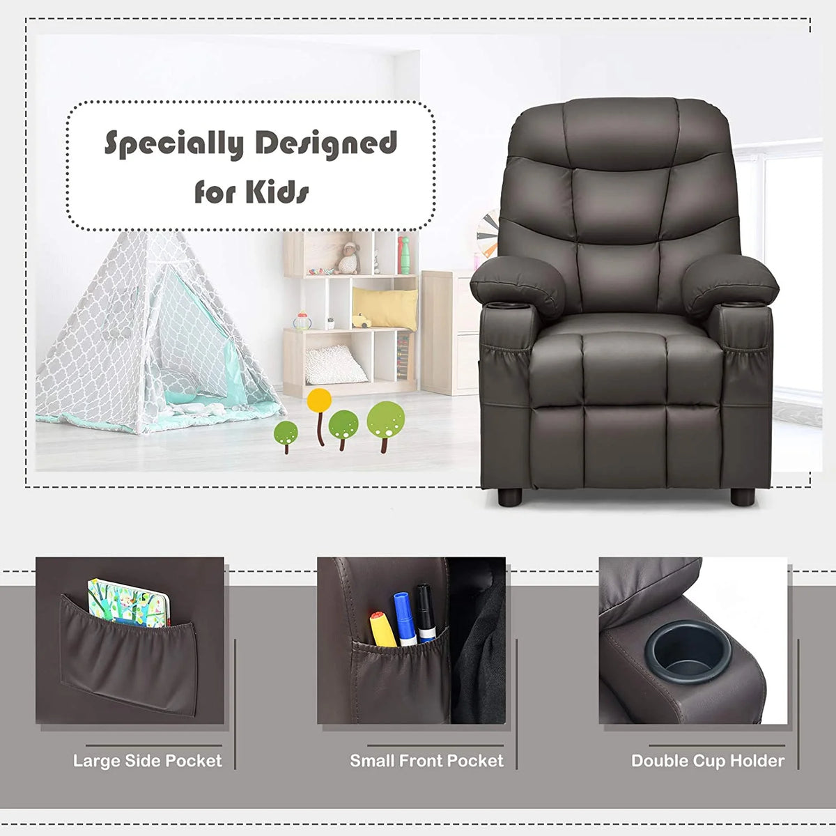 Brown PU Leather Kids Recliner Chair with Cup Holder Z6994