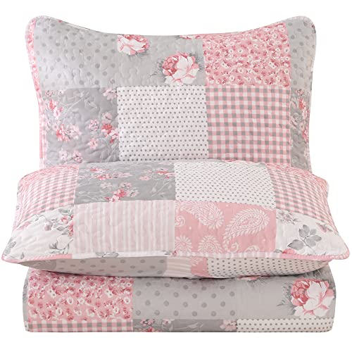 3-Piece King Size Pink Plaid Patchwork Quilt Set E485510