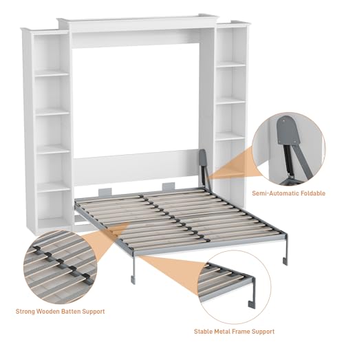 Queen Murphy Bed with Storage Bookcase & 4 Adjustable Shelves, White Wood Wall Bedframe with Metal Legs F871699