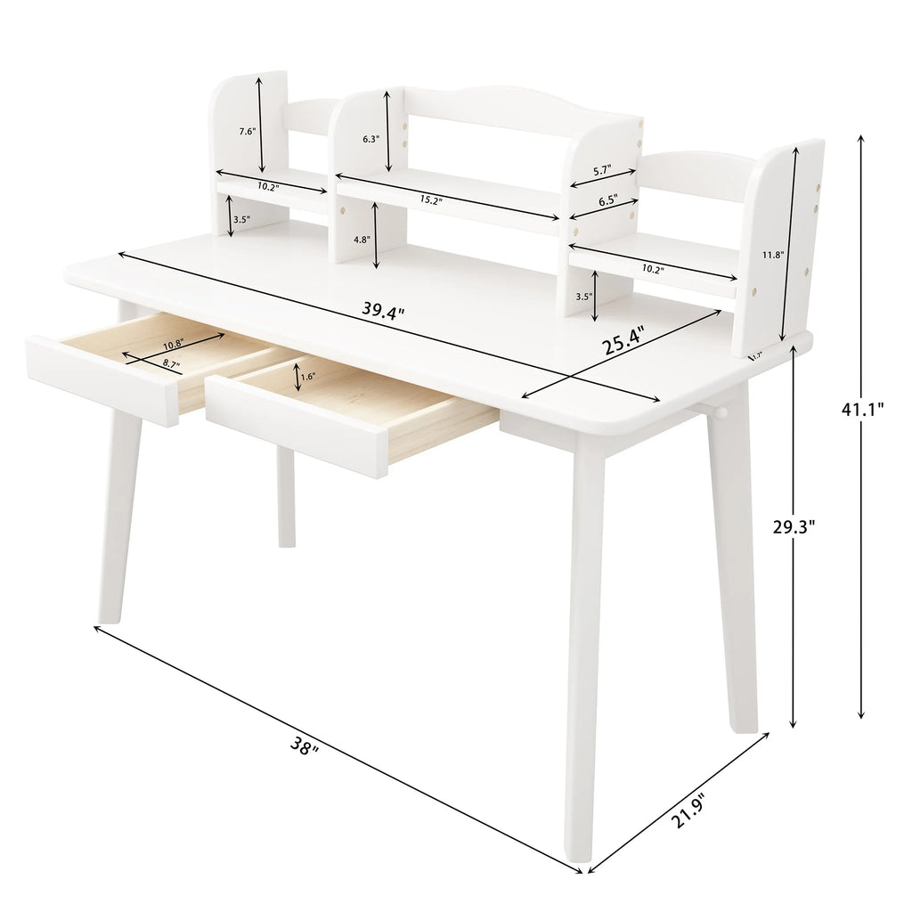White Wooden Kid's Desk with Drawers and Bookshelf B28023