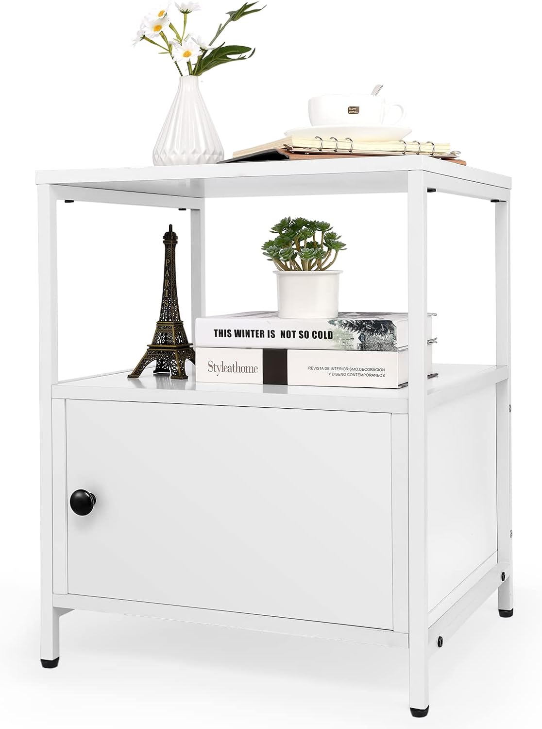 White Wooden Nightstand with Storage Cabinet and Open Shelf X1623