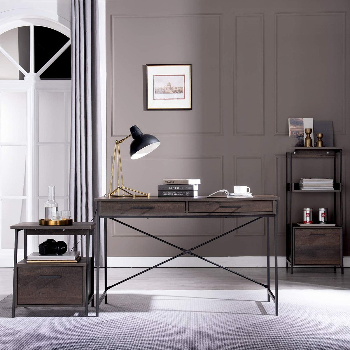 Smoky Oak Bookcase with Storage Shelf and Drawer J4279
