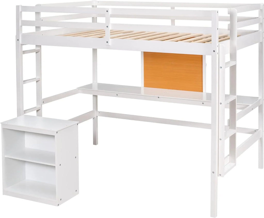 White Full Size Wood Loft Bed Frame with Desk and Storage Shelves X11184