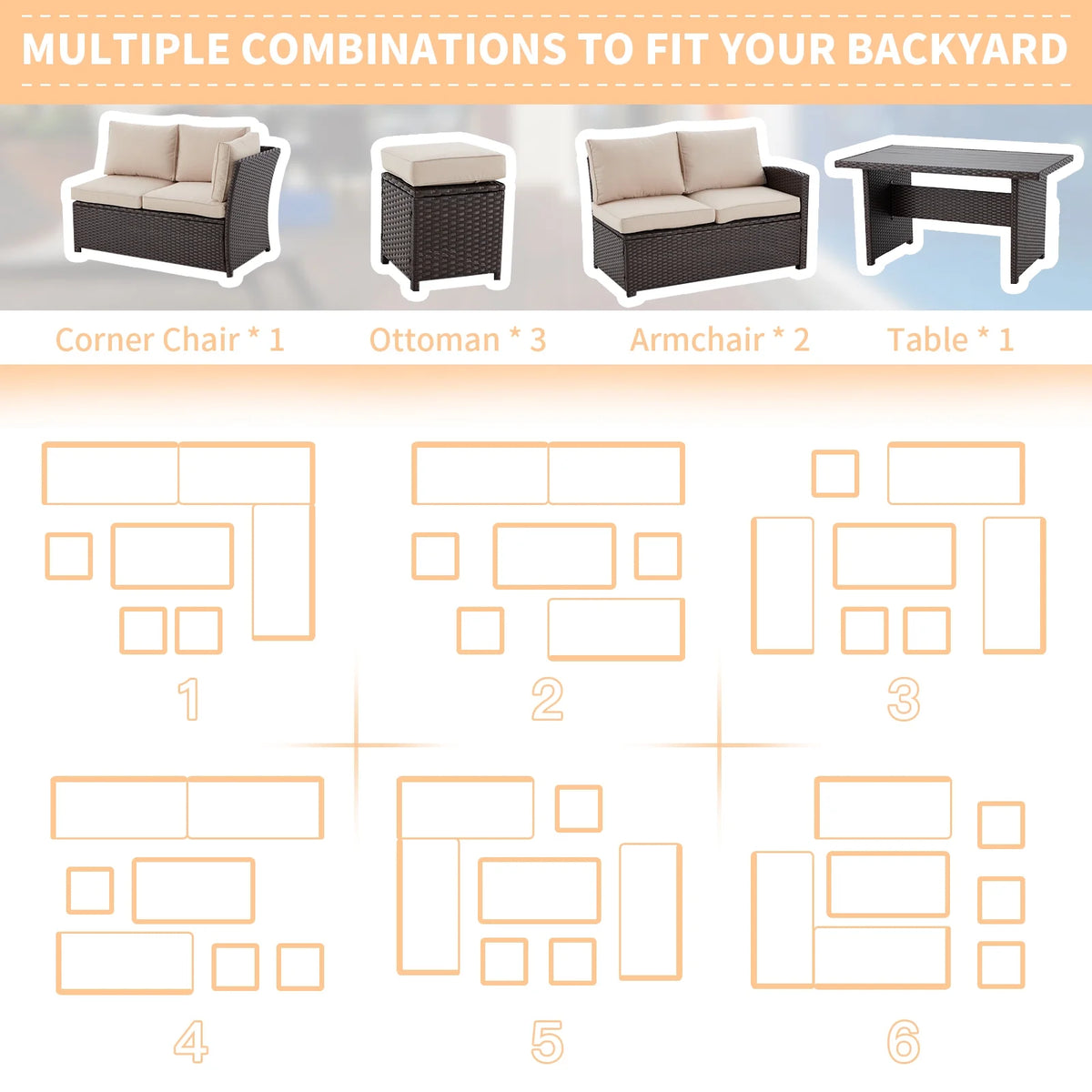 7-Piece Beige Rattan Wicker Sectional Sofa Set A756221