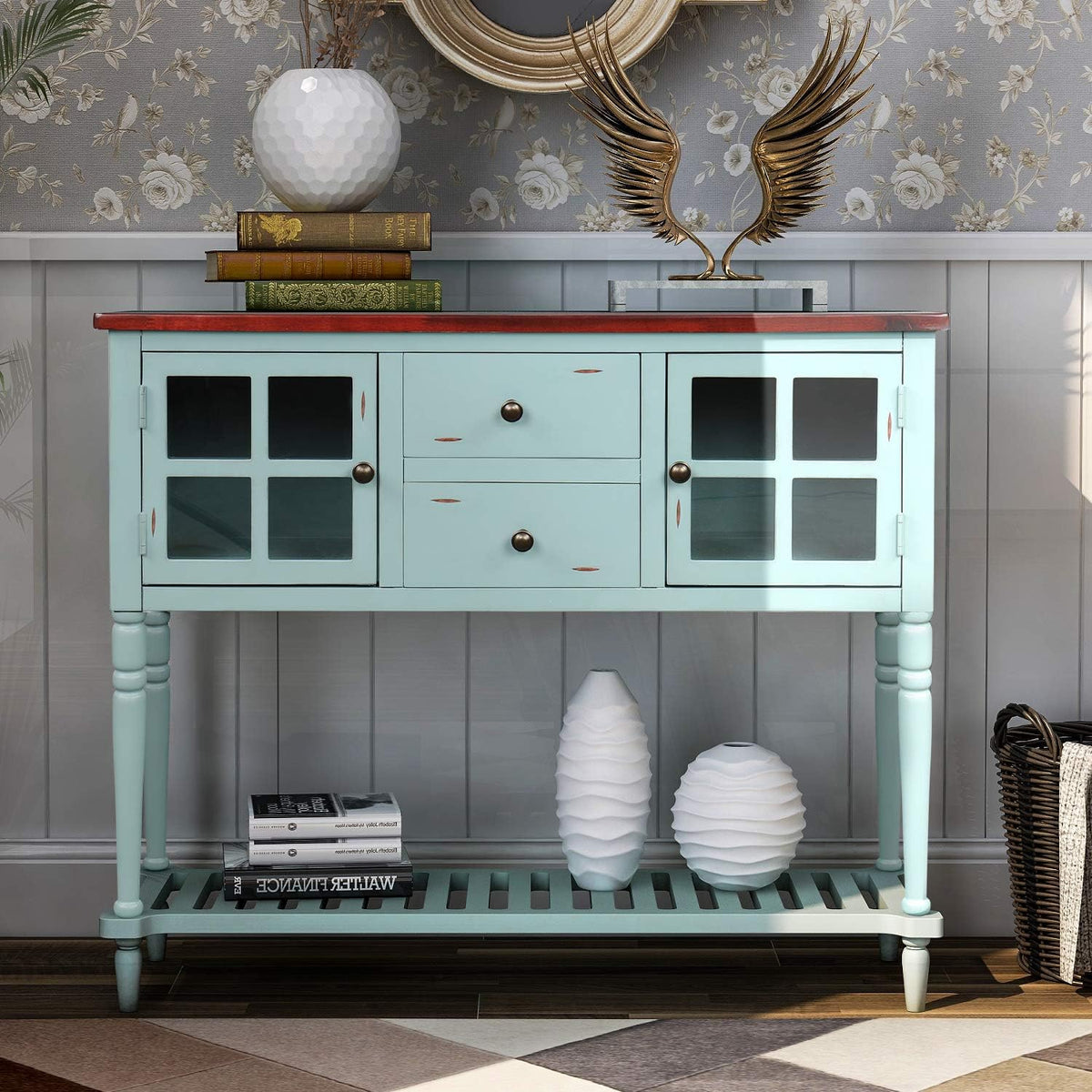 White and Brown 4 Drawers Storage Console Table with Cabinet and Shelf R9413
