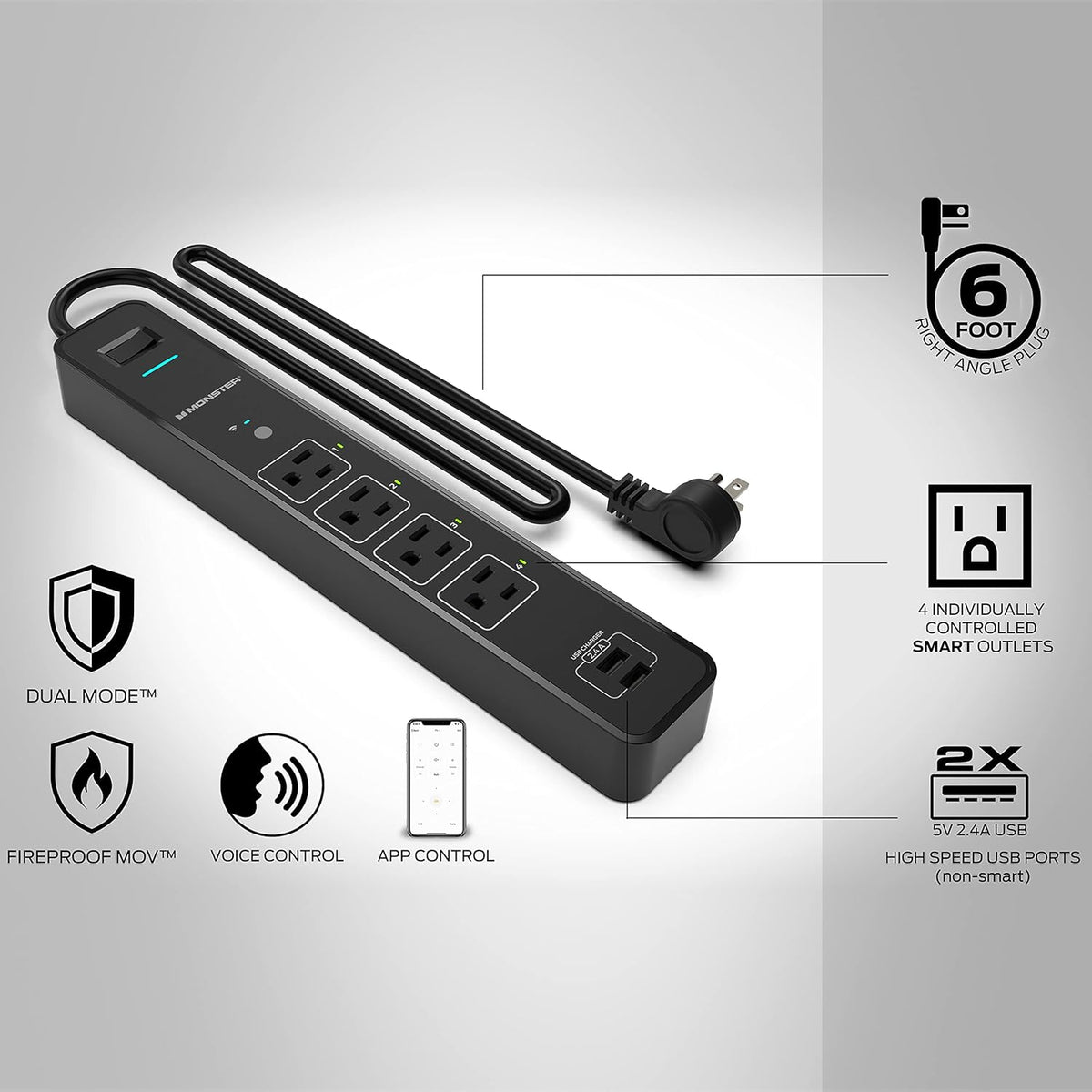 Black Smart Power Outlet with 4 Outlets and 2 USB-A Plug-Ins N407114