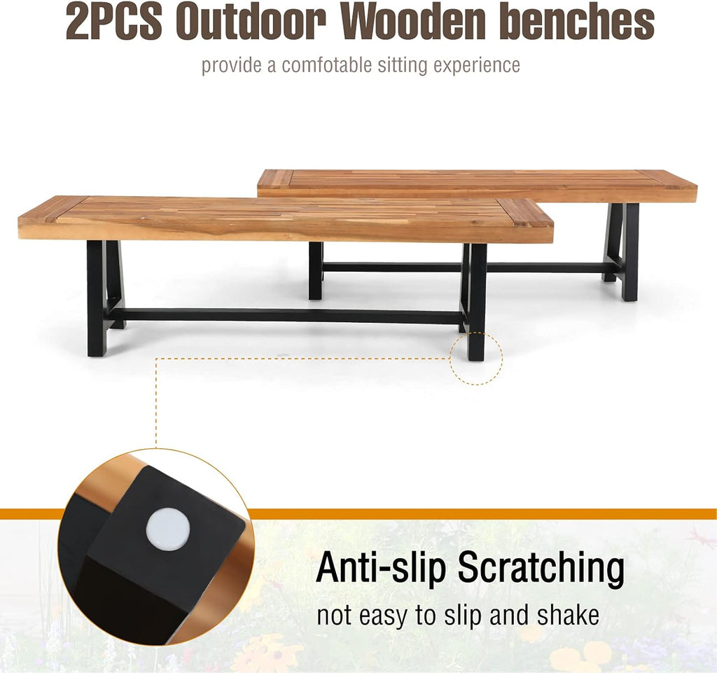 Outdoor Patio Bench Set of 2 Acacia Wood 63 Long Rectangular Dining Bench D37485