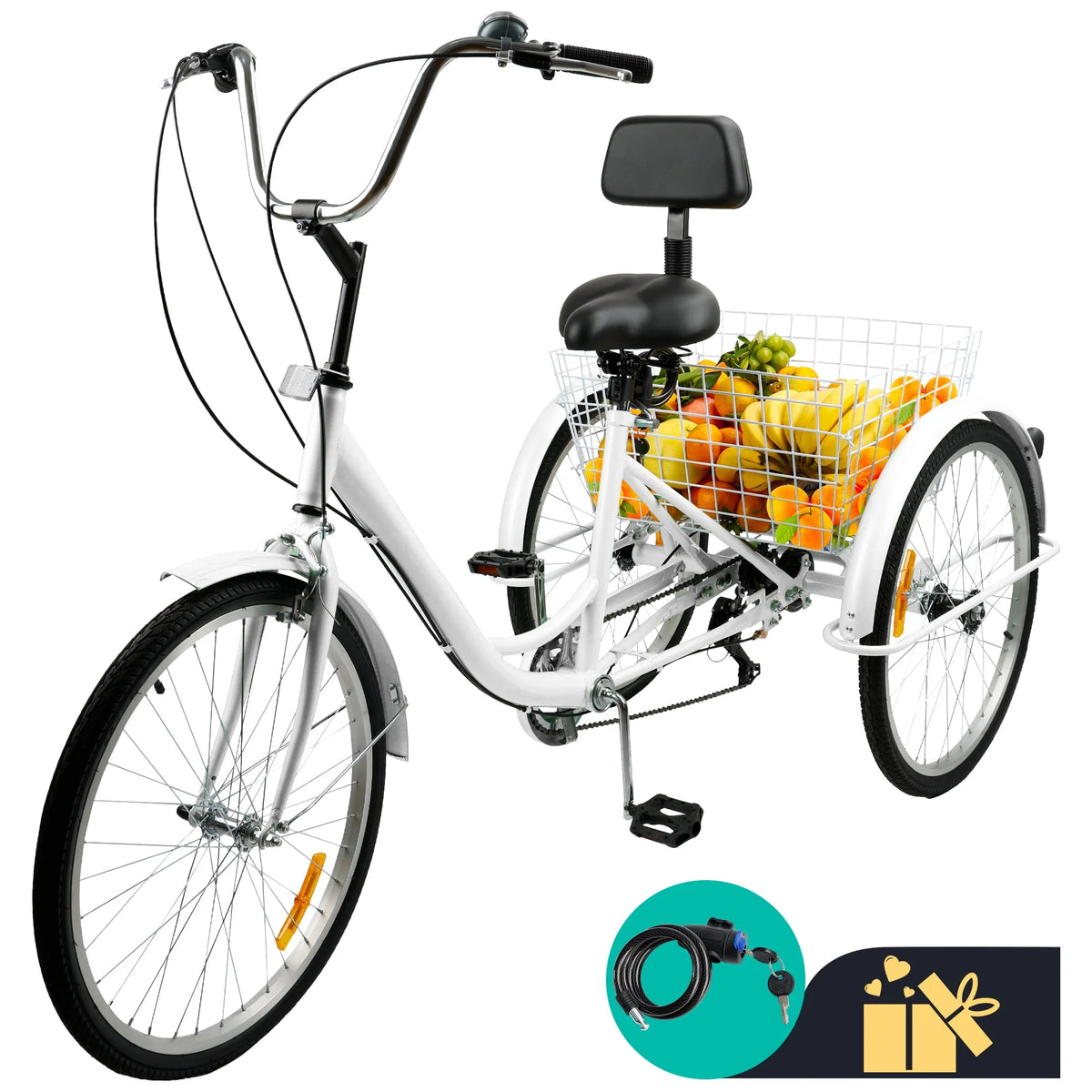 7-Speed Adult Tricycle 24 Purple Cruiser Bike with Seat and Rear Basket W762