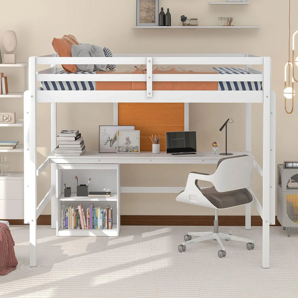 White Full Size Wood Loft Bed Frame with Desk and Storage Shelves X11184