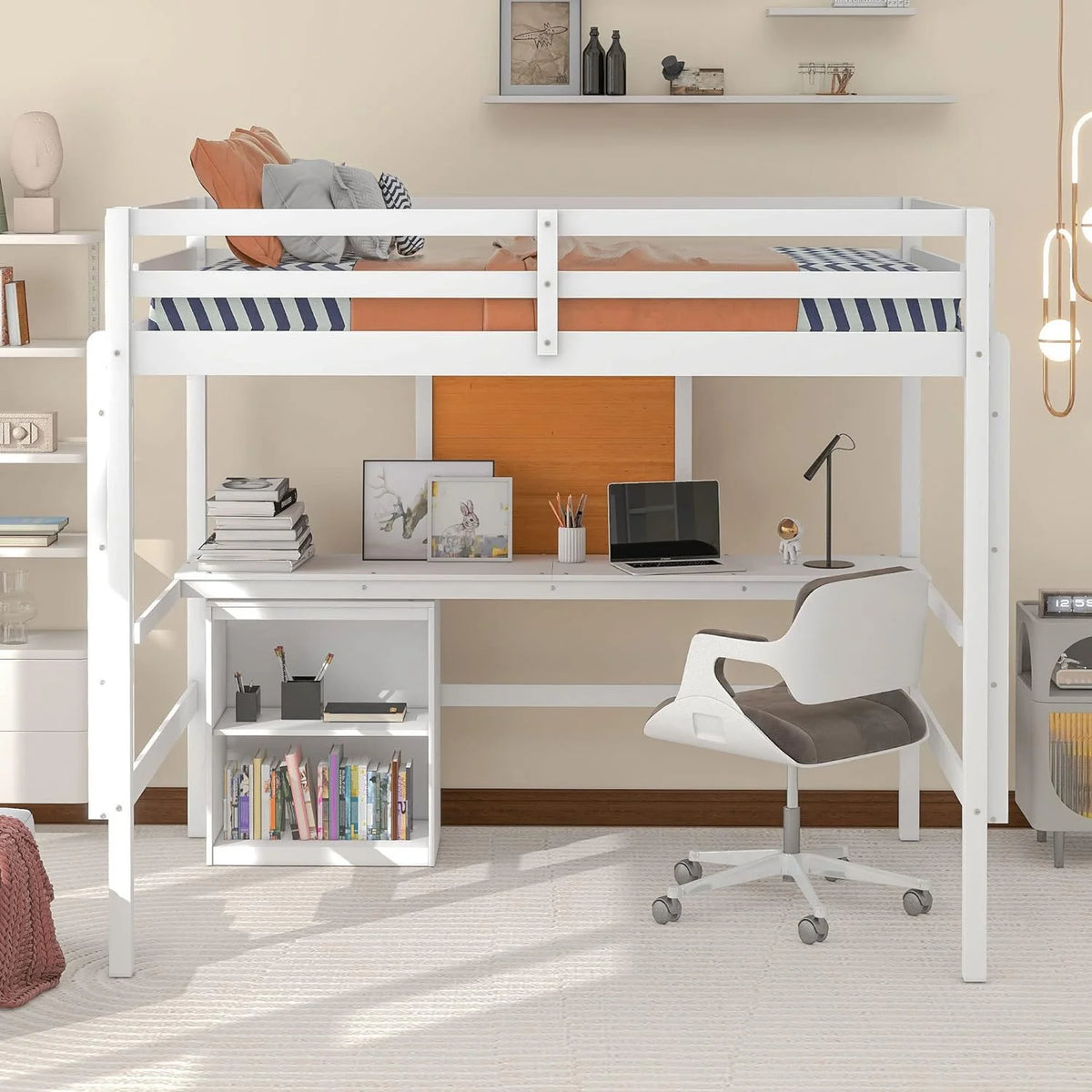 White Full Size Wood Loft Bed Frame with Desk and Storage Shelves X11184