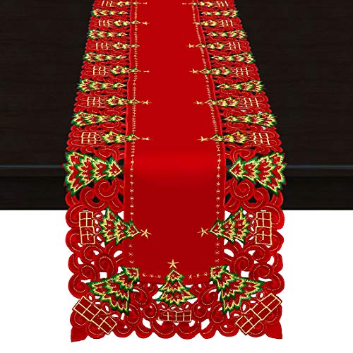 Embroidered Christmas Holly Tree Table Runner, Rectangular 16 x 72 Inch J31841