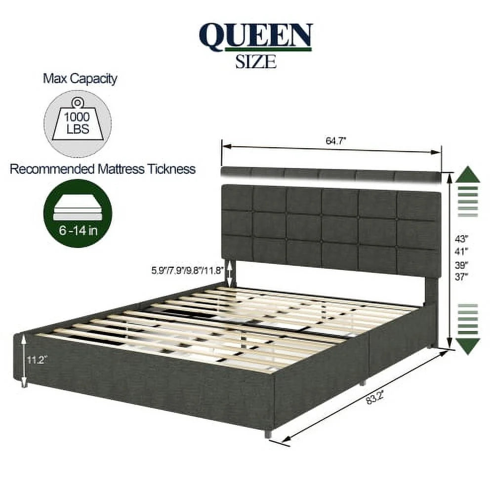 Queen Size Linen Upholstered Platform Bed Frame with 4 Drawers K464135