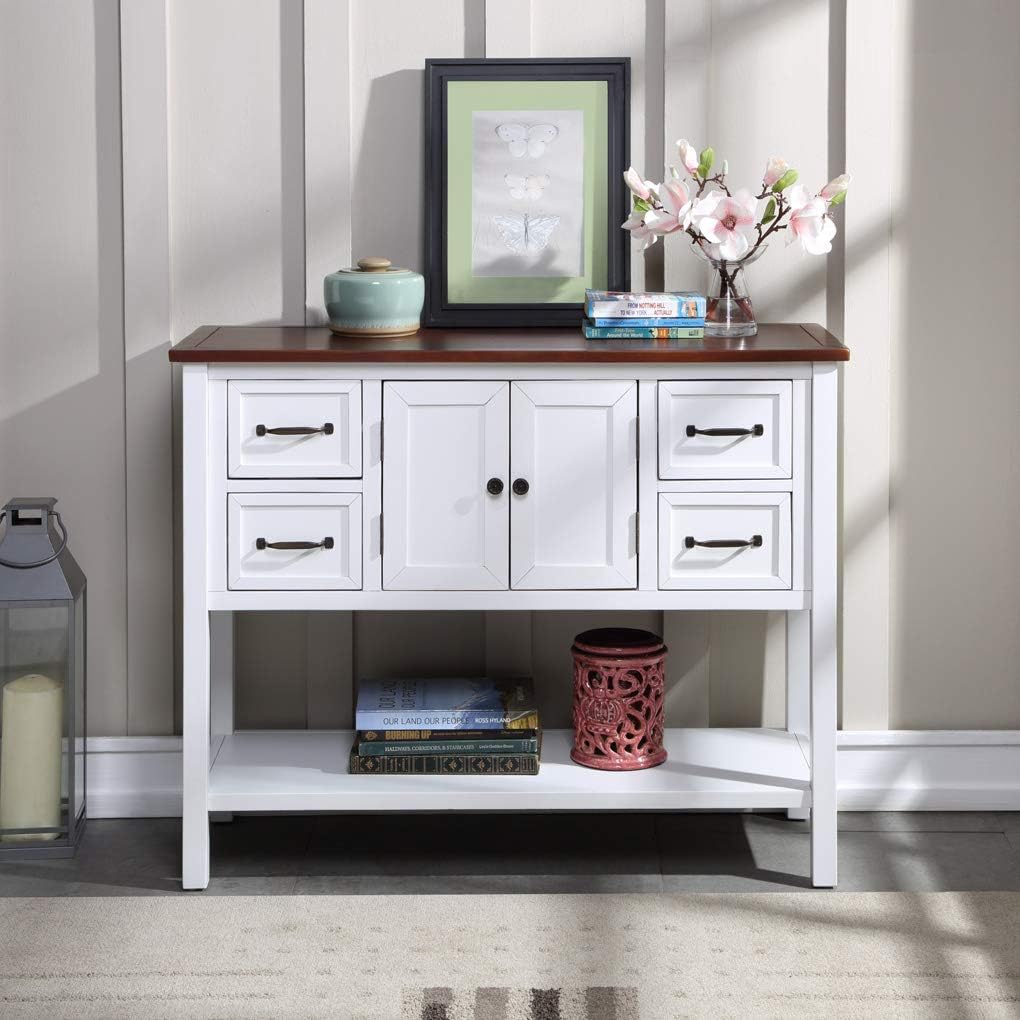 White and Brown 4 Drawers Storage Console Table with Cabinet and Shelf R9413