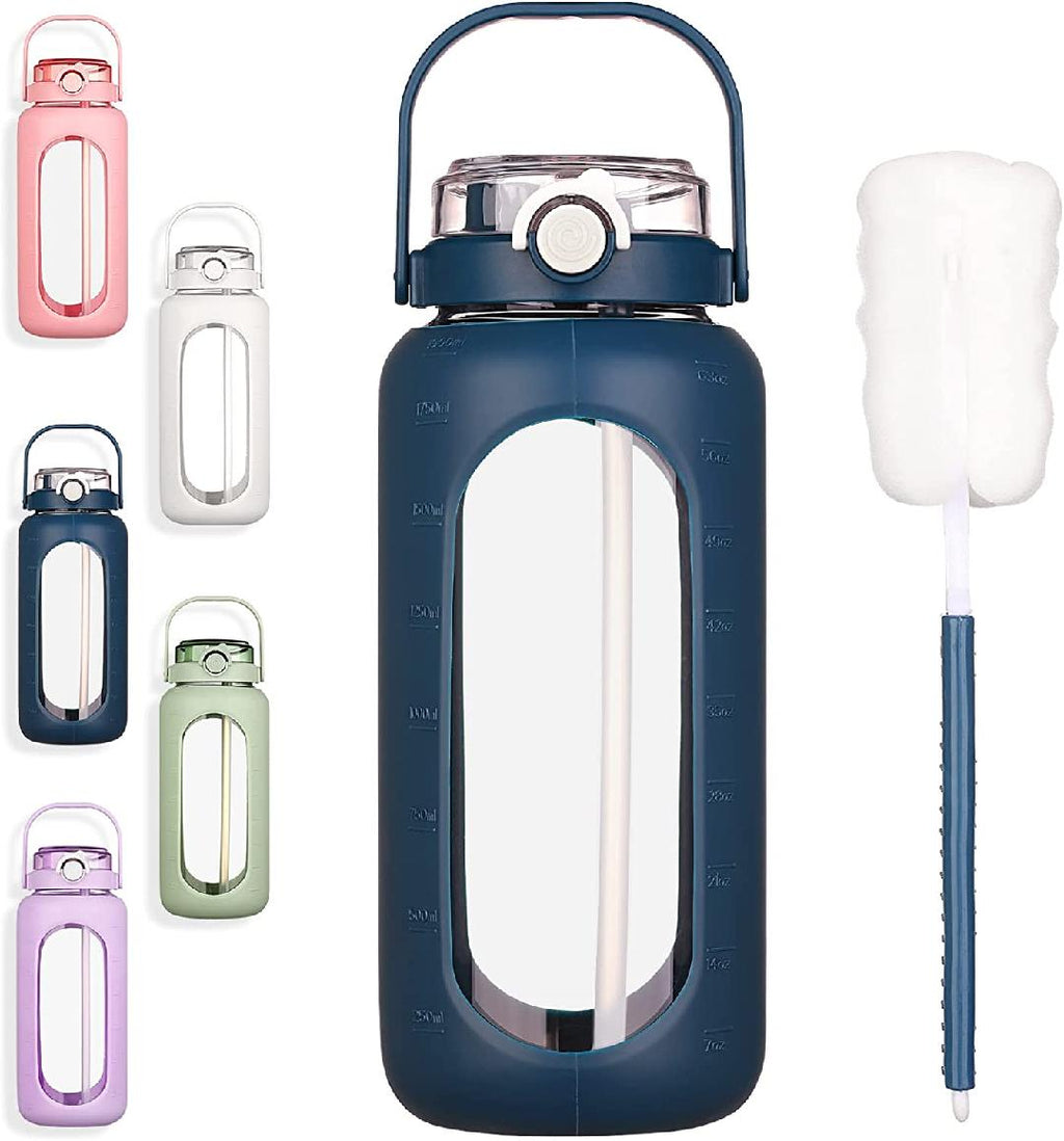 64oz Glass Water Bottle with Straw Time Marker Half Gallon 2L Dark Blue M9918