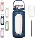 64oz Glass Water Bottle with Straw Time Marker Half Gallon 2L Dark Blue M9918