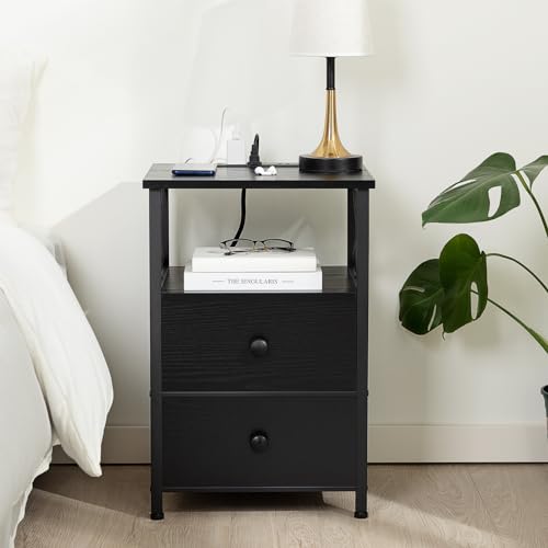 Dark Grey Nightstand Set 2 with Fabric Drawers and Charging Station Q9706