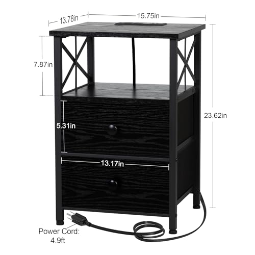 Dark Grey Nightstand Set 2 with Fabric Drawers and Charging Station Q9706