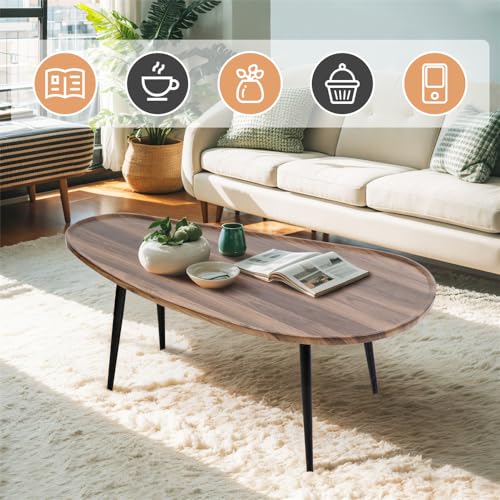 Oval Coffee Table with Metal Legs, Walnut 23.6" D x 47.2" W x 18.5" H C869199
