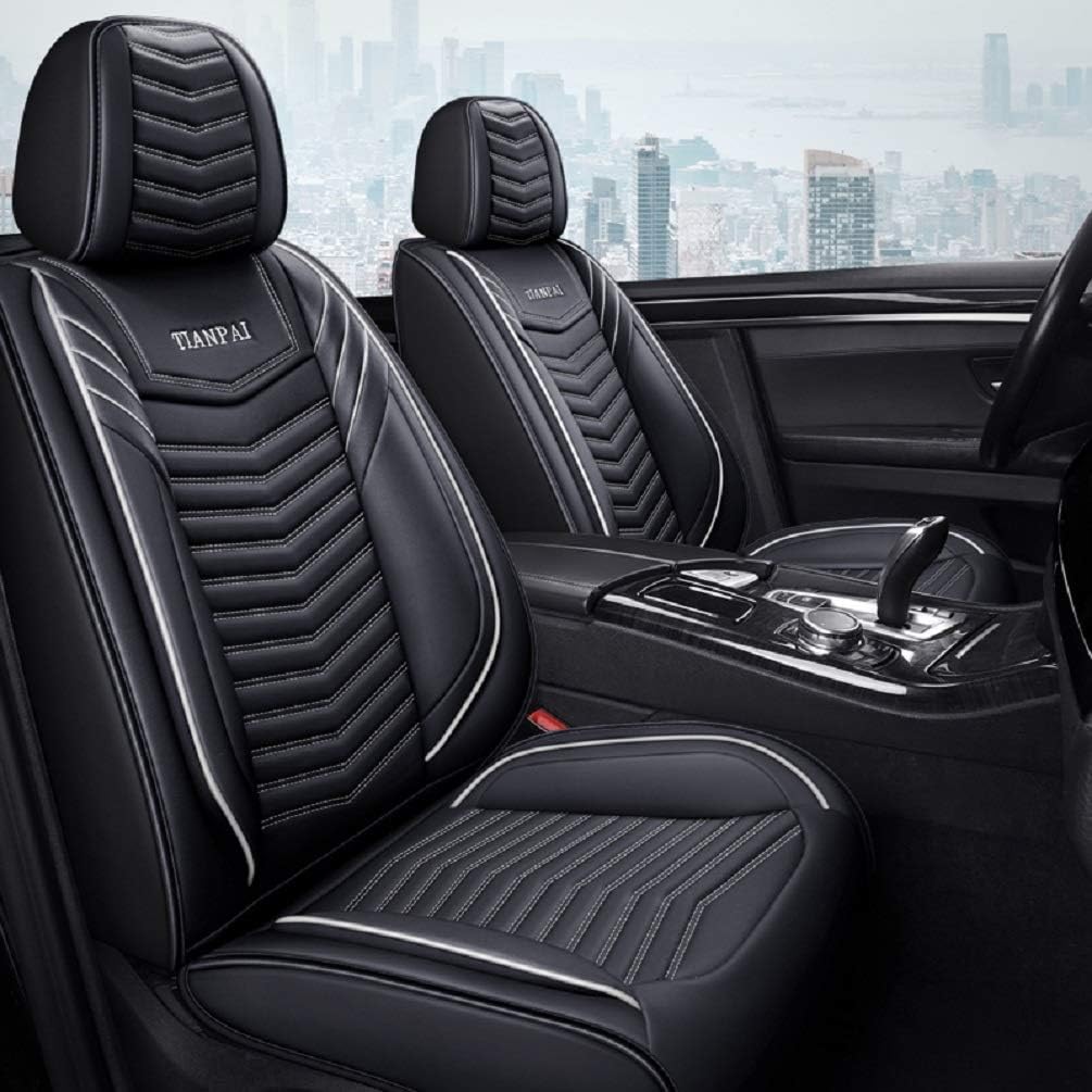 Black-White Leather Car Seat Covers 5 Seats Full Set Y565138