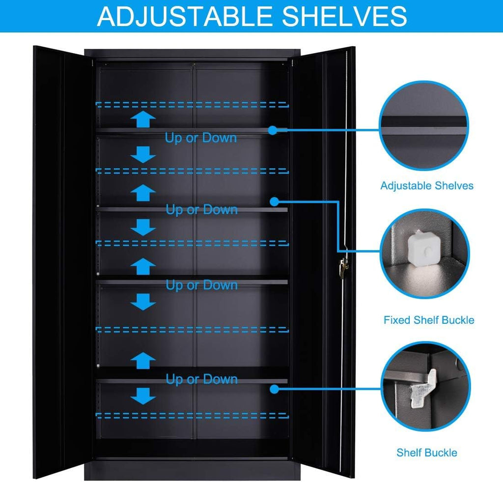 Black Steel Storage Cabinet with 4 Adjustable Shelves and Lockable Doors O3621