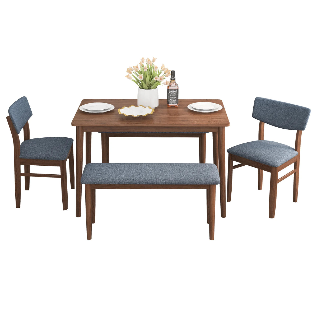 Grey Rubber wood Dining Table Set with 2 Benches and 2 Chairs W270