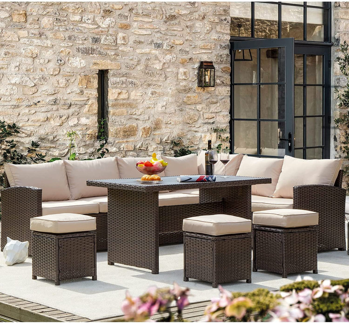 7-Piece Beige Rattan Wicker Sectional Sofa Set A756221