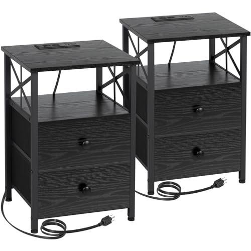 Dark Grey Nightstand Set 2 with Fabric Drawers and Charging Station Q9706