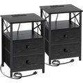 Dark Grey Nightstand Set 2 with Fabric Drawers and Charging Station Q9706