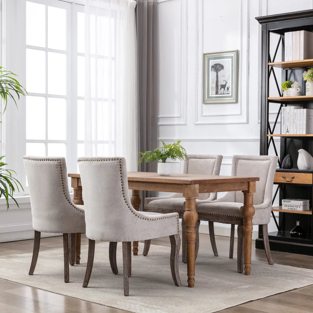 Beige Upholstered Fabric Dining Chairs Set of 6 with Solid Wood Legs C70472