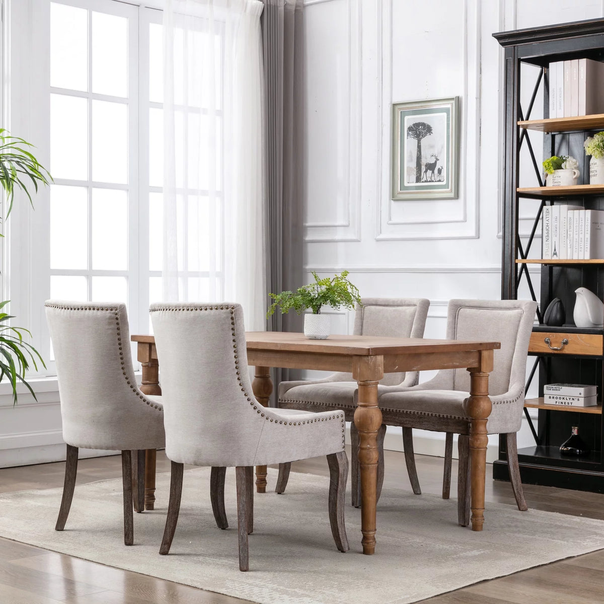 Beige Upholstered Fabric Dining Chairs Set of 6 with Solid Wood Legs C70472