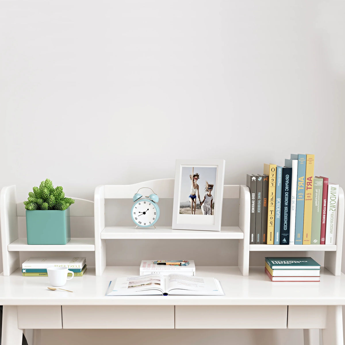White Wooden Kid's Desk with Drawers and Bookshelf B28023