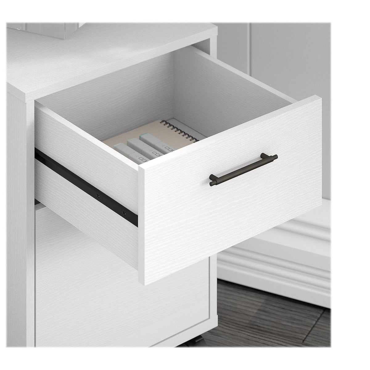 60W L Shaped Desk with 2 Drawer Mobile File Cabinet, Pure White Oak B5318