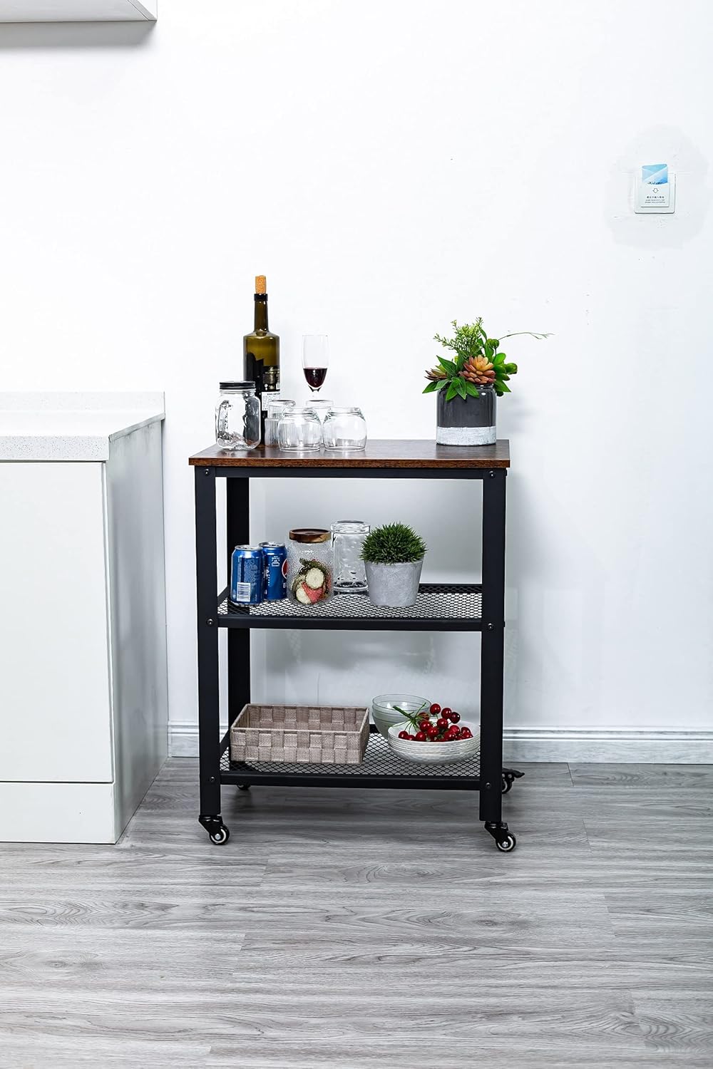 Standing Racks with Casters, 2 Mesh Shelves, Kitchen Service Trolley Cart M10088