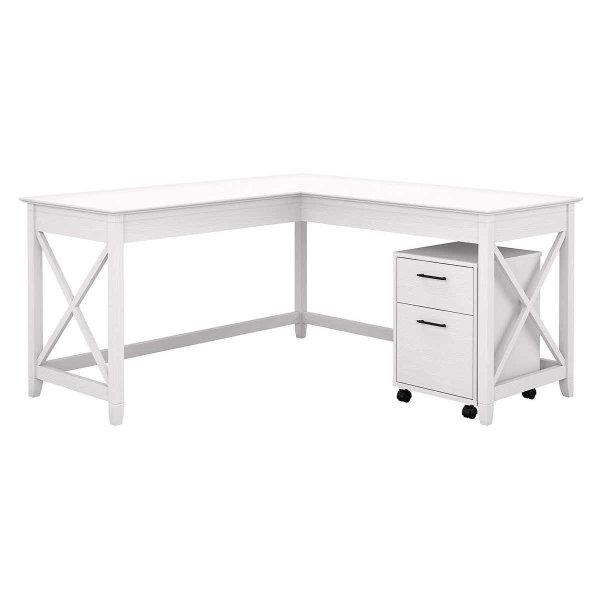 60W L Shaped Desk with 2 Drawer Mobile File Cabinet, Pure White Oak B5318