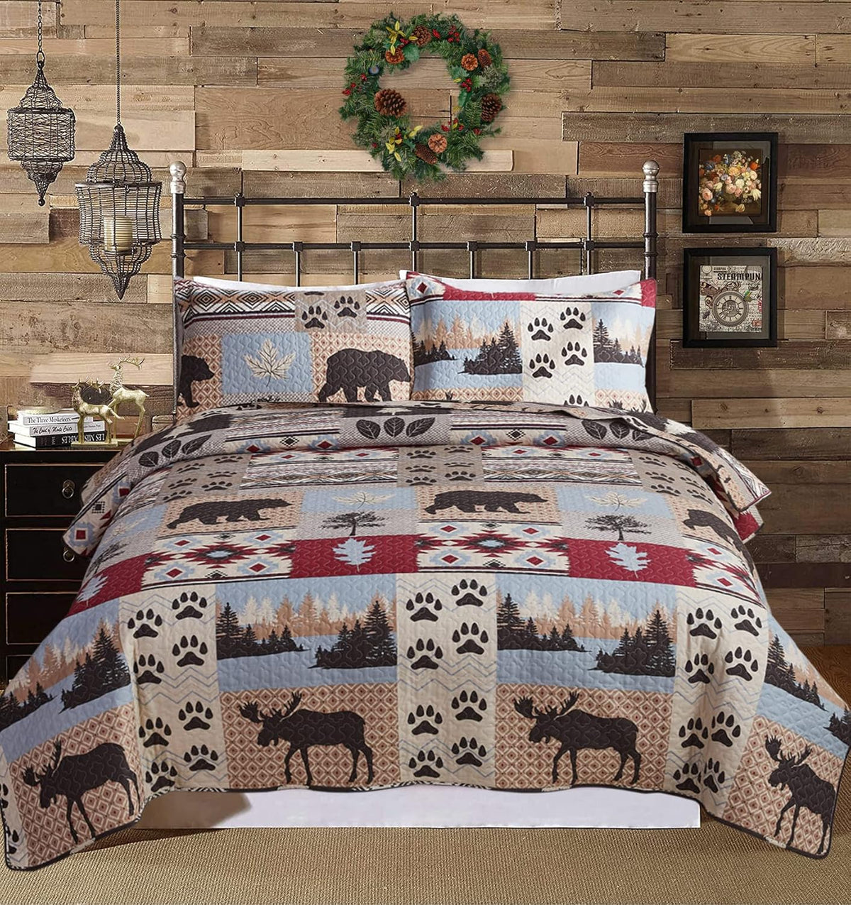 Full/Queen Size Plaid Quilt Set Black White Patchwork Bedspread M907380