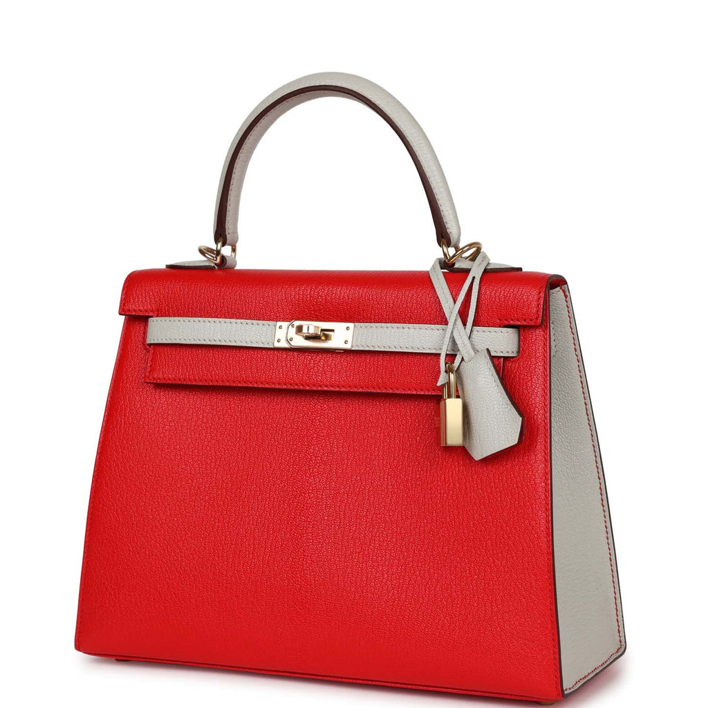 Kelly Sellier 25 Rouge De Coeur and Gris Perle Chevre Mysore Handbag A744600