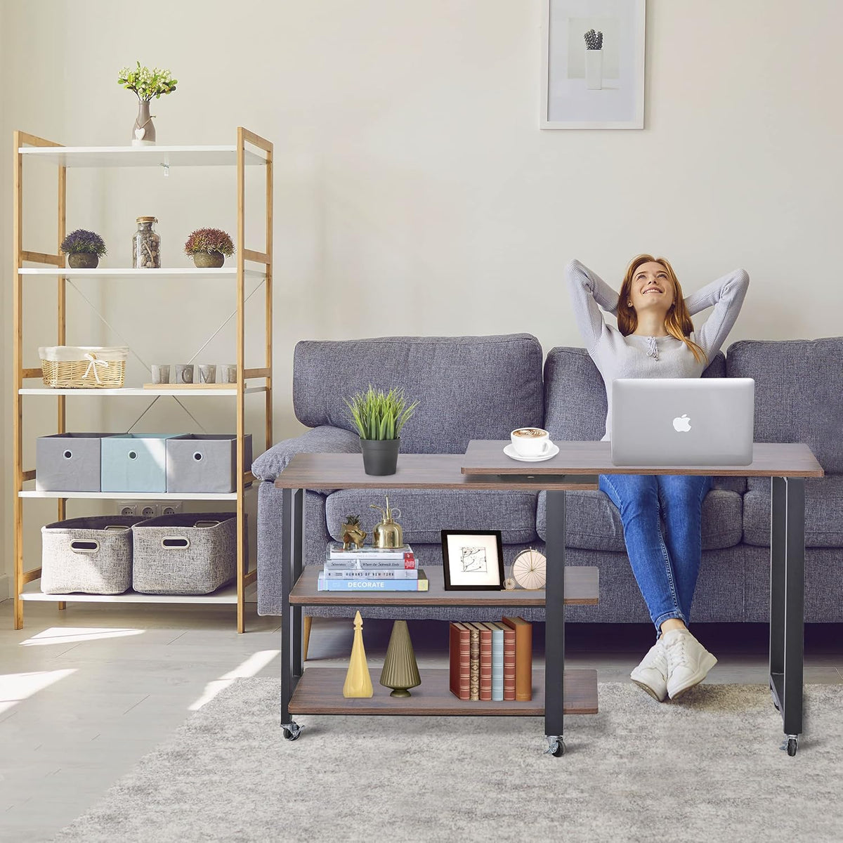 360° Rotating Sofa Side Table with 2-Tier Storage Shelves T375