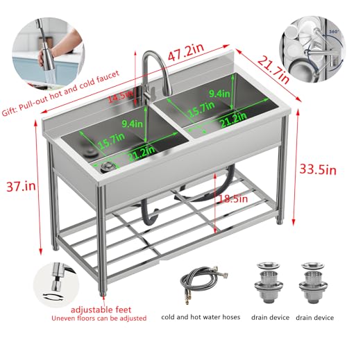 2-Compartment Stainless Steel Utility Sink with Pull-out Faucet A378