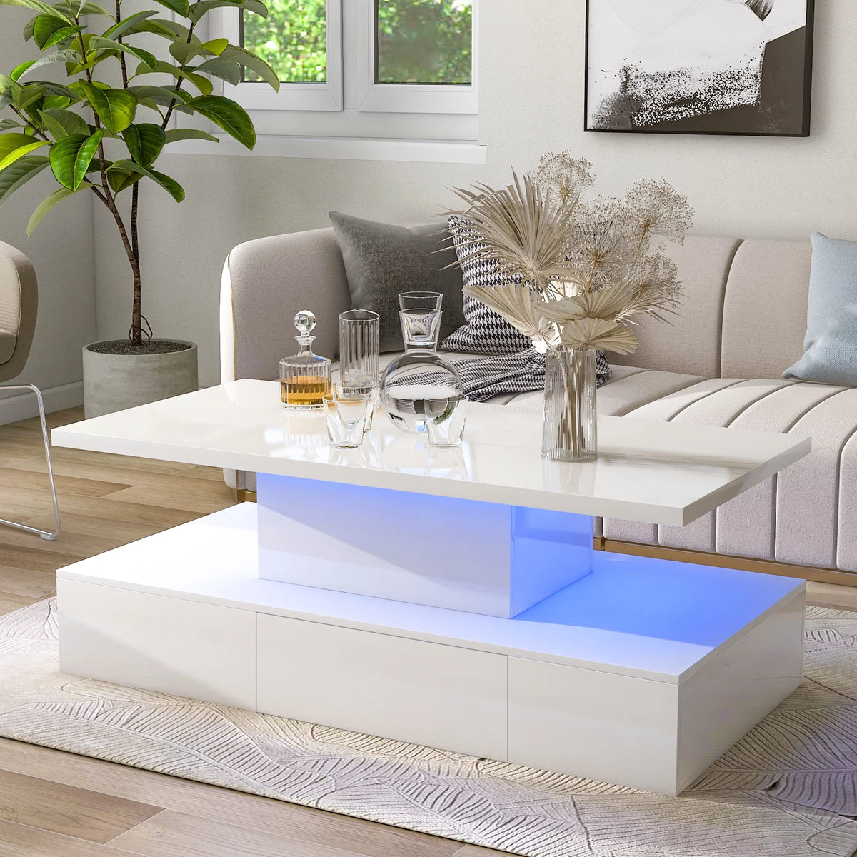 39.3" Coffee Table with Drawer, 2-Tier Rectangle LED White High Gloss D20871