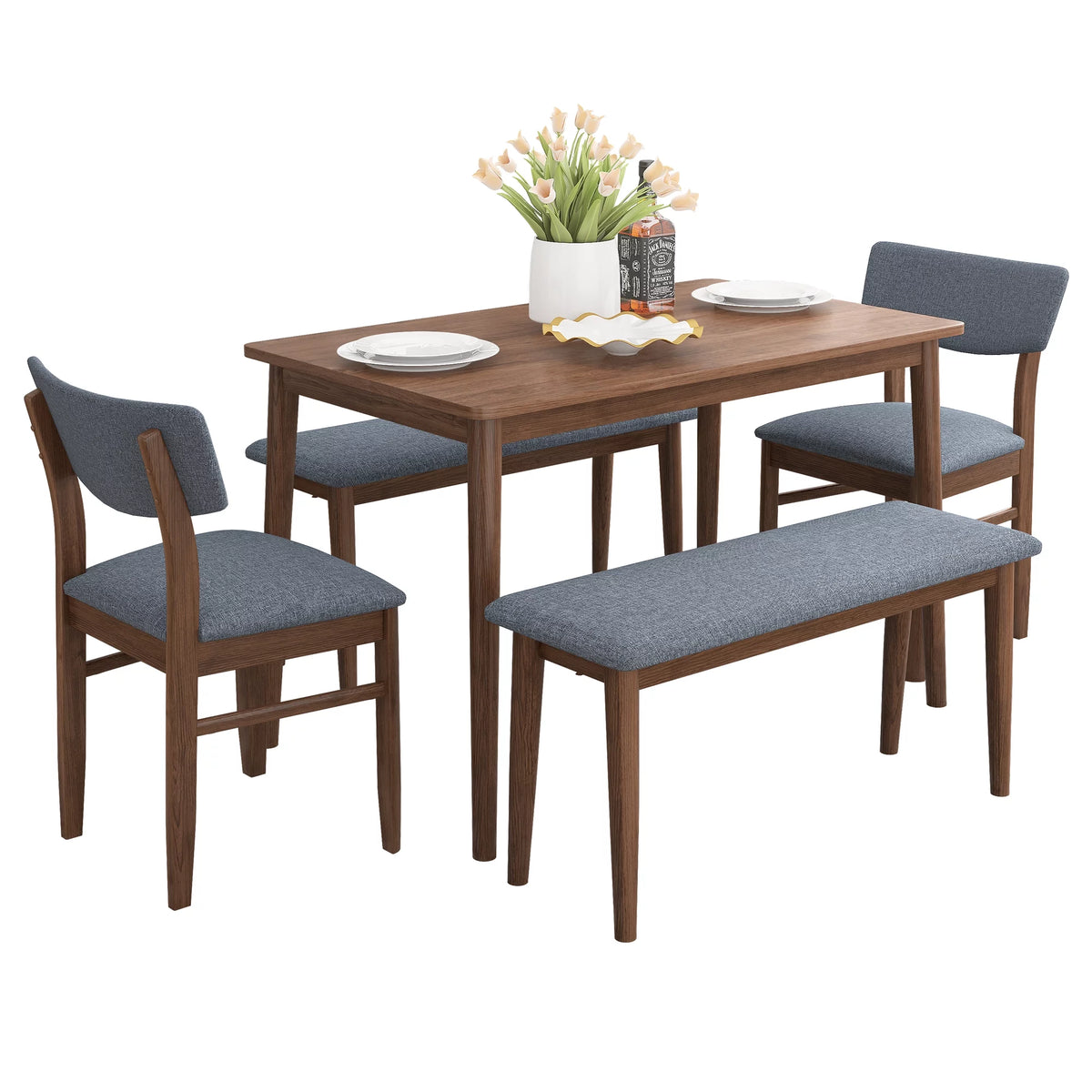Grey Rubber wood Dining Table Set with 2 Benches and 2 Chairs W270
