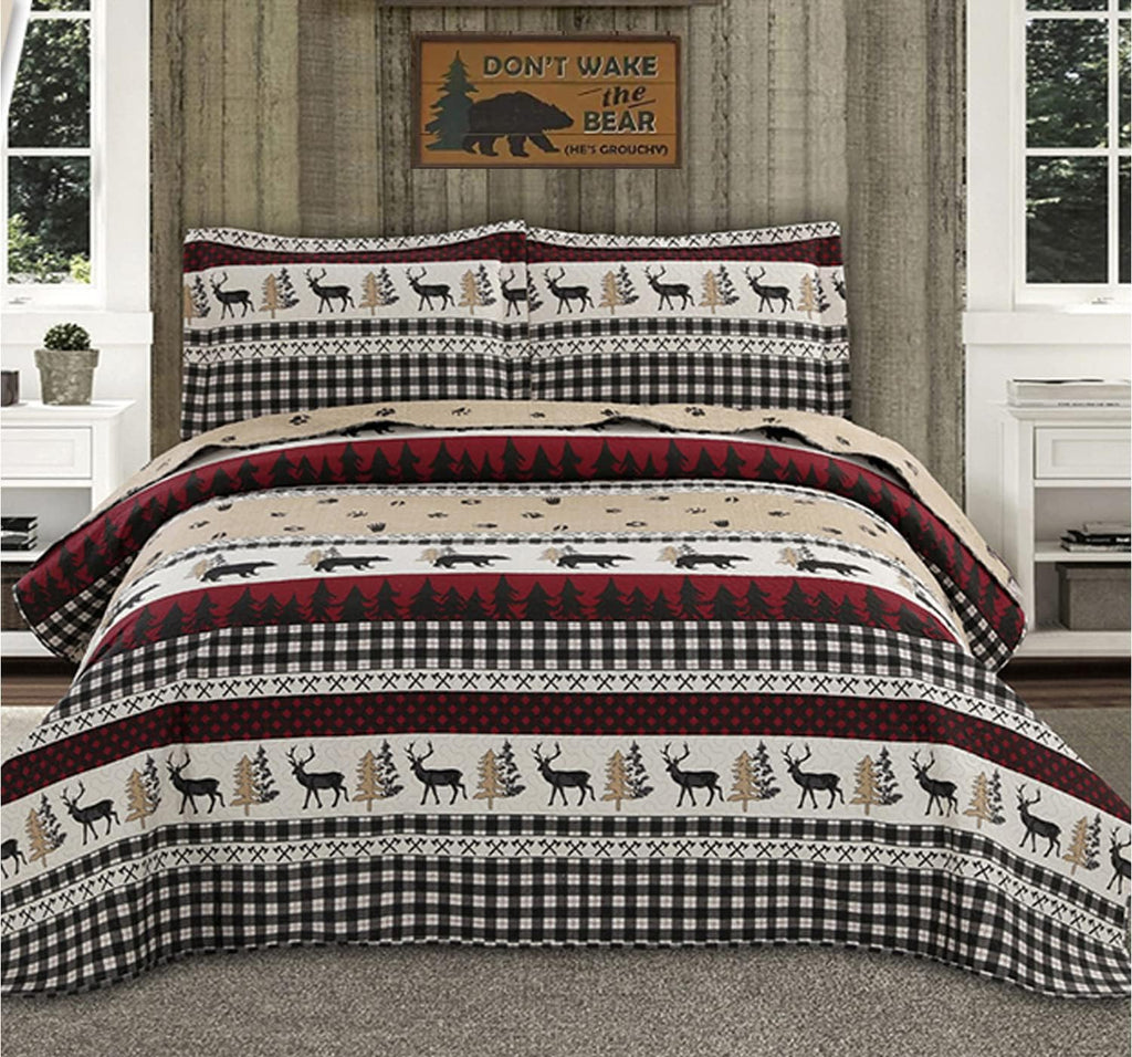 Full/Queen Size Plaid Quilt Set Black White Patchwork Bedspread M907380